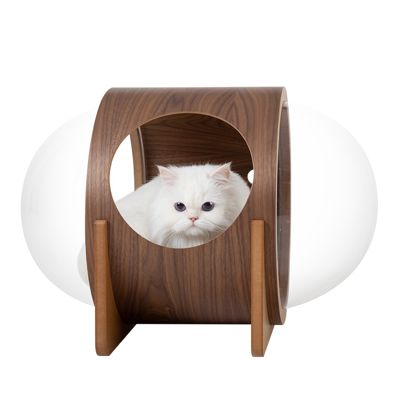 Cat bed made with solid wood in walnut color, include two transparent domes and four holes for ventilation is perfect for cats.