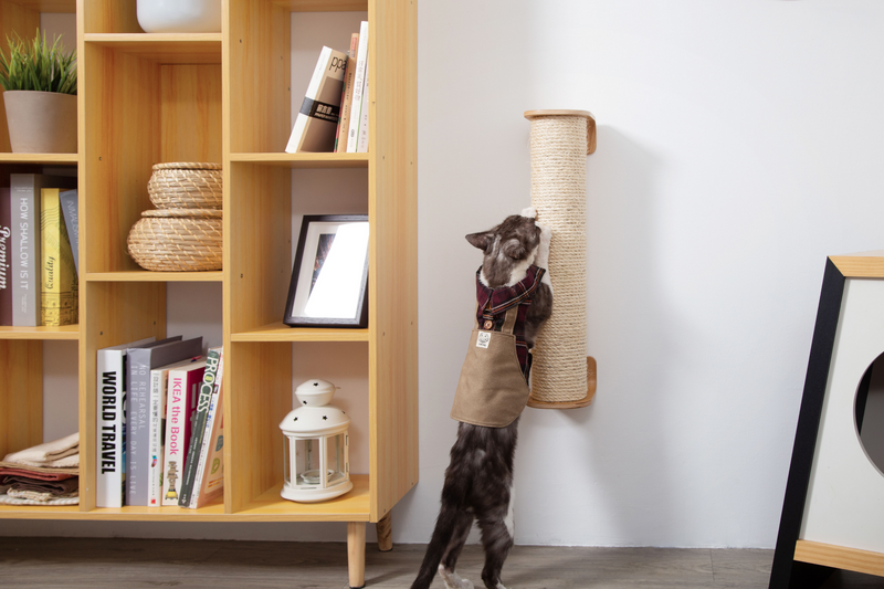 A black and white cat is scratching on a wall-mounted cat scratcher