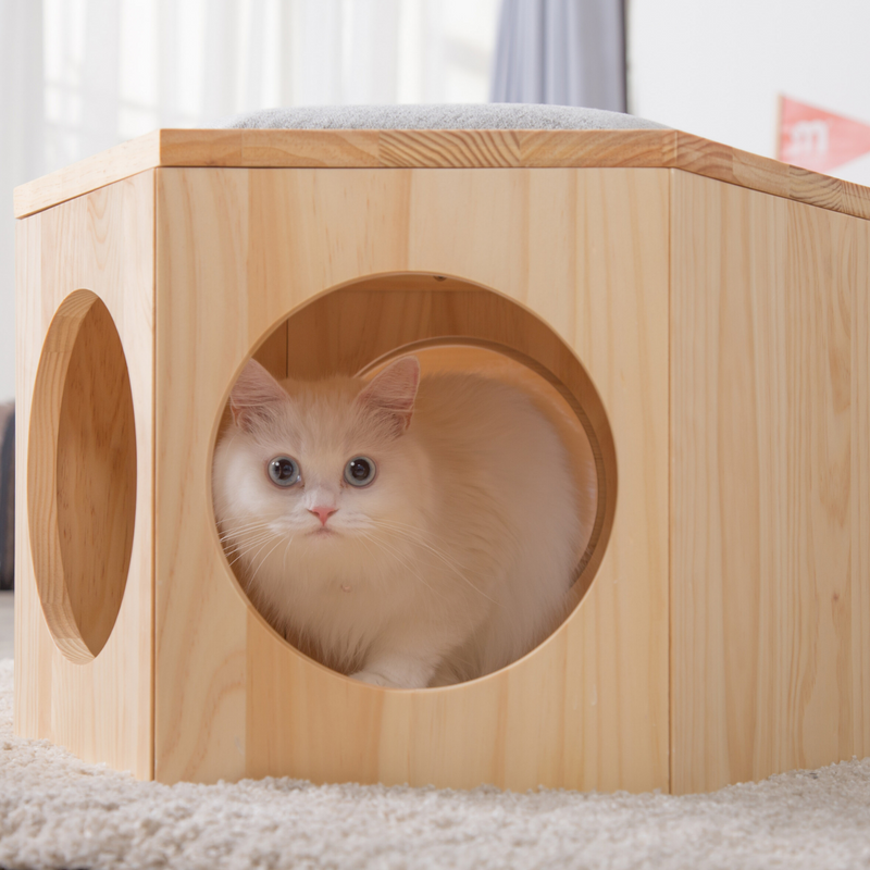 a white cat hide in a cat furniture